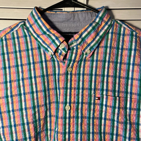 Tommy Hilfiger Short Sleeve Button Down Seersucker Colorful Shirt Size Large EUC - Picture 8 of 13